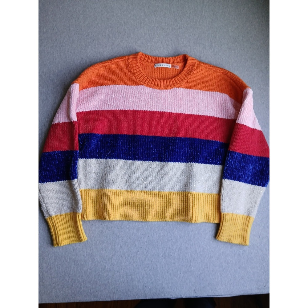 Alice Olivia Sweater Medium Louie Pullover Multi Stripe Wool Blend Cozy Knit